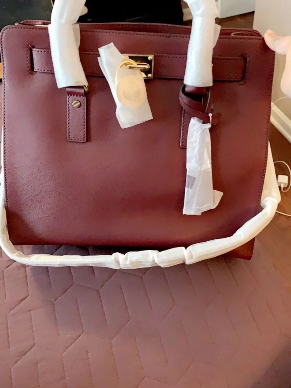 Michael Kors Burgundy Structured Satchel with Gold Hardware